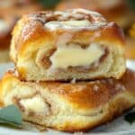 Close-up of two cinnamon rolls stacked on a plate, their glazed tops and creamy filling swirled with cinnamon. Reminiscent of a King's Hawaiian Cheesecake Danish, the background is softly blurred with hints of yellow flowers and green leaves.