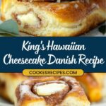 Freshly baked King's Hawaiian Cheesecake Danish pastries topped with a drizzle of icing. These easy cheesecake treats are layered with creamy cheesecake and cinnamon filling. A recipe banner is included in the image, inviting you to try this delightful Hawaiian roll dessert.