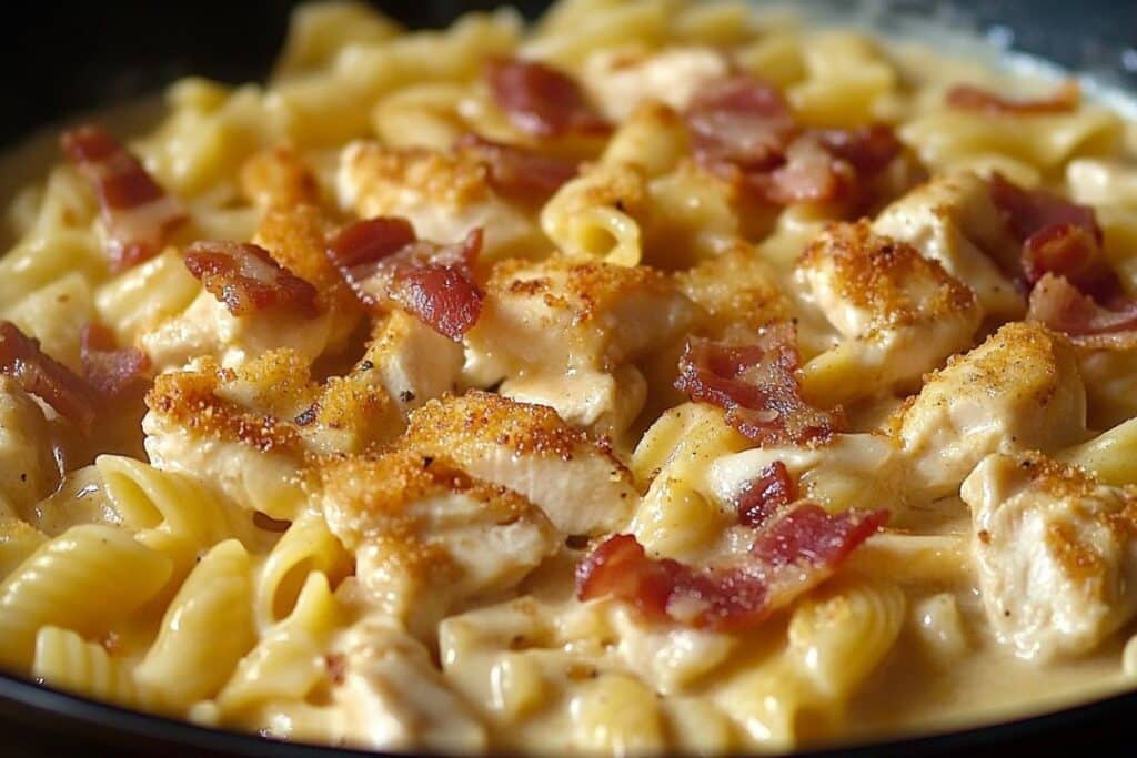 Close-up of Chicken Bacon Ranch Pasta featuring creamy shell pasta, chunks of cooked chicken, and crispy bacon bits. The dish radiates richness and savor with its ranch-infused flavors under a golden-brown topping.