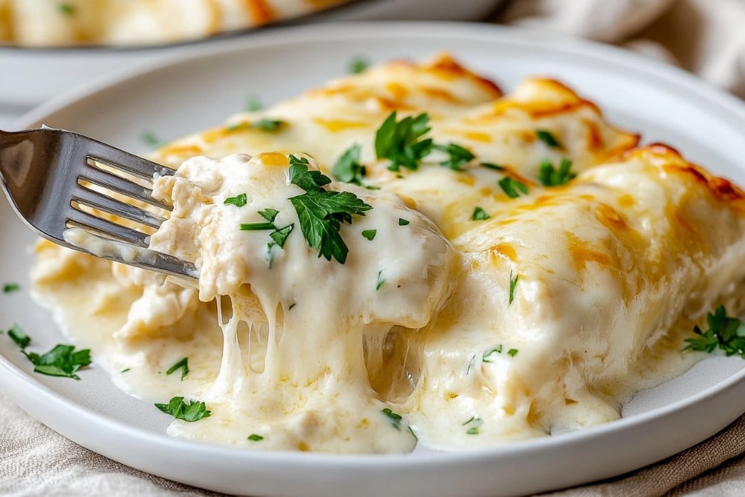 A fork lifts a cheesy, creamy piece of baked chicken Alfredo cannelloni from a white plate. The dish, reminiscent of easy chicken enchiladas with its rich flavor, is topped with melted cheese and garnished with fresh parsley.