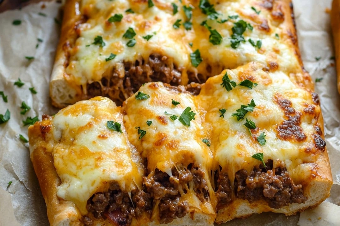 Close-up of cheesy sloppy joes on toasted garlic bread, featuring melted cheese and ground beef, topped with chopped parsley, served on parchment paper.