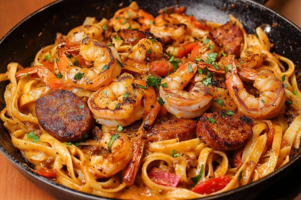 A skillet filled with creamy Cajun shrimp and sausage pasta, topped with succulent shrimp and savory sausage slices. This easy Cajun pasta is garnished with fresh chopped herbs and vibrant red bell peppers.