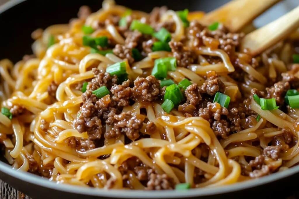 Close-up of a plate of Mongolian Ground Beef Noodles, topped with minced meat and chopped green onions. The noodles have a glossy appearance, suggesting a savory sauce coating. Wooden chopsticks rest on the side, ready for your first bite.