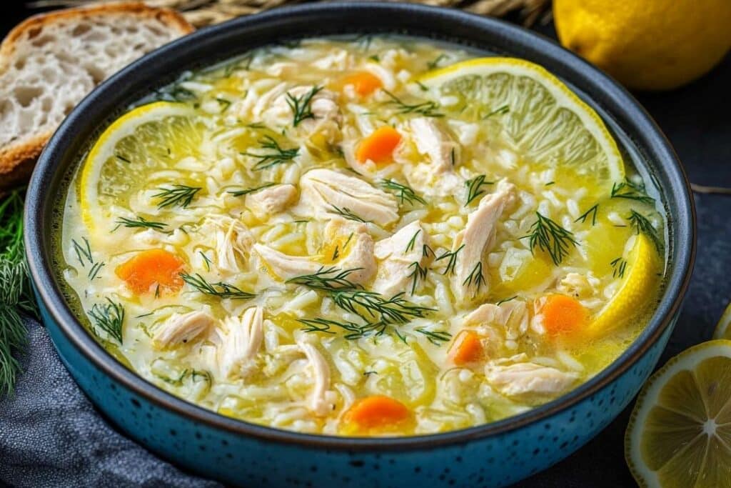 A bowl of traditional Greek soup featuring shredded chicken, rice, carrots, and lemon slices, garnished with dill. This Greek lemon chicken soup is served in a blue bowl with a slice of bread and surrounded by fresh lemon wedges.