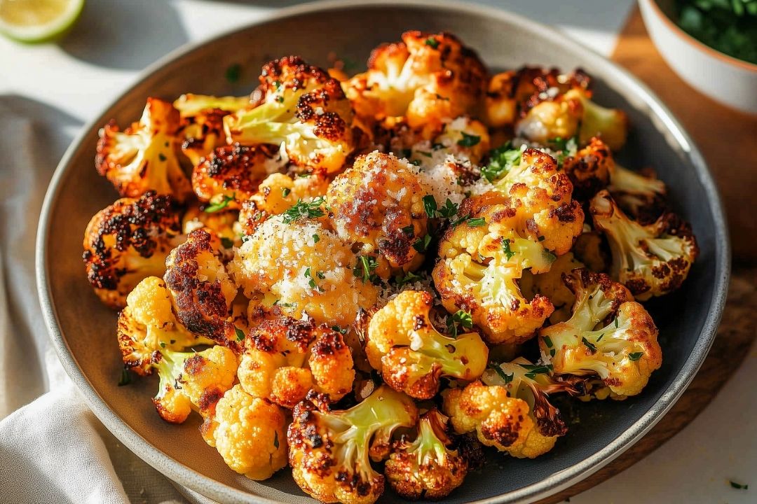 A bowl of cheesy roasted cauliflower florets garnished with grated cheese and chopped herbs. The cauliflowers have a golden-brown crispy texture, set on a gray bowl with a cloth napkin beside it. Sunlight casts a warm glow on this easy cauliflower side dish.