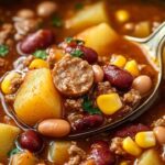 This hearty Texas Cowboy Stew is packed with ground beef, smoked sausage, bacon, beans, and potatoes, all simmered in a flavorful broth. It's a filling and comforting dish that's perfect for a satisfying family meal.