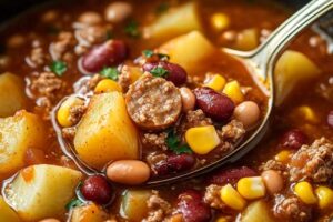 This hearty Texas Cowboy Stew is packed with ground beef, smoked sausage, bacon, beans, and potatoes, all simmered in a flavorful broth. It's a filling and comforting dish that's perfect for a satisfying family meal.