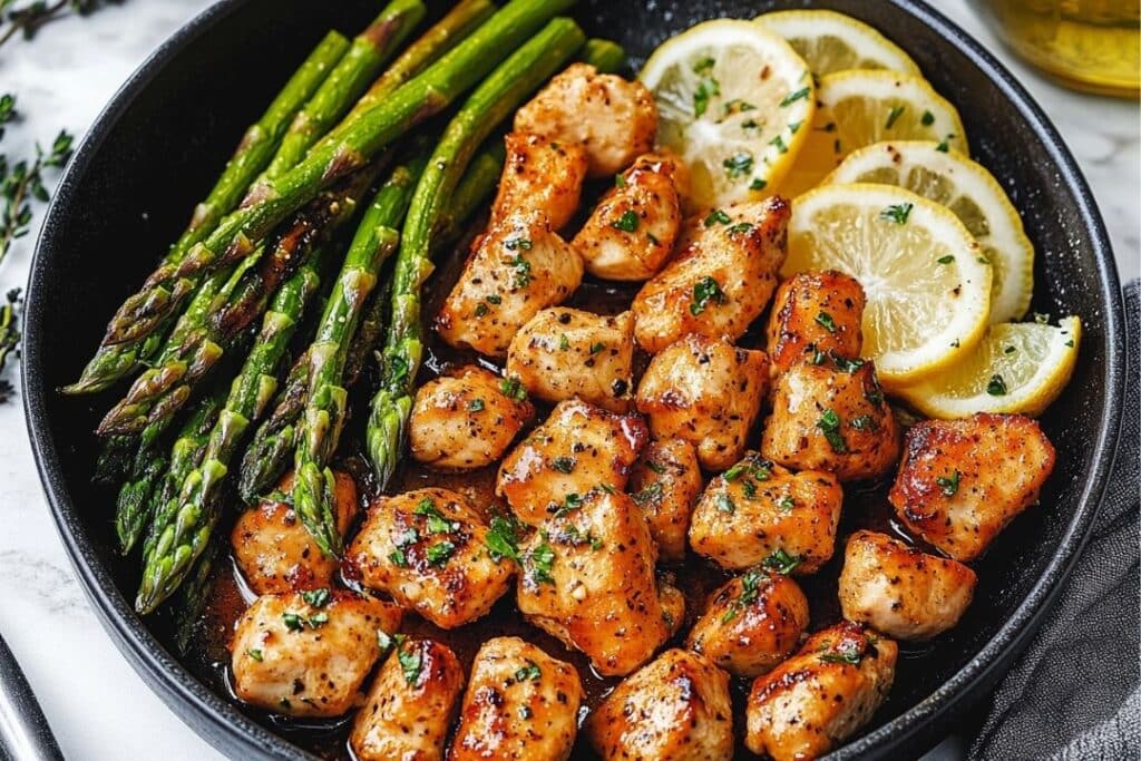 A skillet filled with Garlic Butter Chicken Bites, asparagus spears, and lemon slices, garnished with herbs. The chicken is golden brown with a shiny glaze, and the asparagus is bright green, contrasting beautifully with the zesty lemon slices.