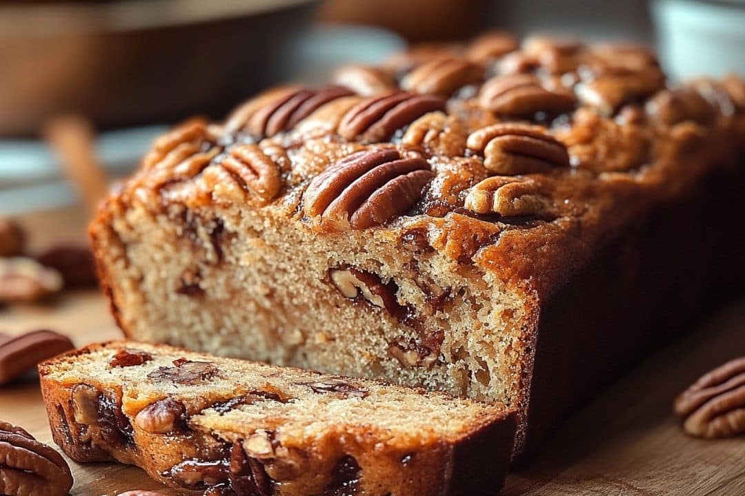 A freshly baked pecan loaf cake, reminiscent of Sweet Alabama Pecan Bread, is sliced on a wooden board, revealing a dense texture with visible pecans throughout. Whole pecans are generously scattered on top, adding a rustic, homemade charm to the presentation.