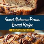 Close-up of moist, dense Sweet Alabama Pecan Bread, a classic Southern dessert topped generously with pecans. The rich, nutty texture is irresistible. A label on the image reads Sweet Alabama Pecan Bread Recipe from cookesrecipes.com.