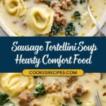 A bowl of creamy sausage tortellini soup with kale, served hot. A spoon rests in the bowl, inviting you to dive into this comforting delight. Text overlay on the image reads Sausage Tortellini Soup Recipe Hearty Comfort Food and cookesrecipes.com.