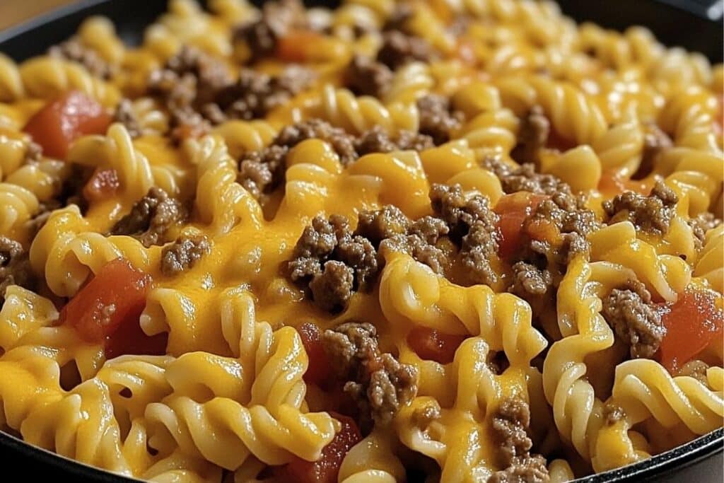 A close-up of a skillet dish showcasing Cheesy Beef Taco Pasta with rotini, browned ground beef, melted cheddar cheese, and diced tomatoes. The cheese is evenly distributed, creating a savory and colorful presentation that brings this delicious recipe to life.