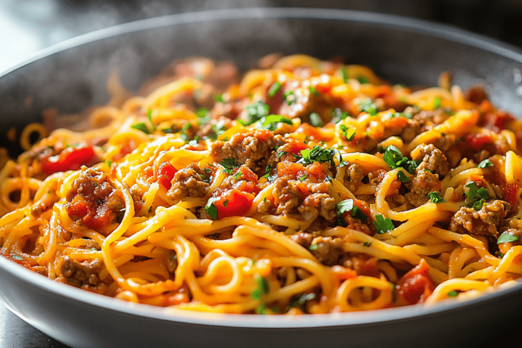 A steaming pan of taco spaghetti with ground beef, diced tomatoes, and herbs radiates warmth and flavor. This one-pan spaghetti dish brings a delightful twist to the classic Italian favorite.