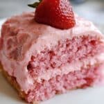 Best Ever Strawberry Cake This Strawberry Cake is bursting with fresh strawberry flavor, both in the moist cake and the creamy cream cheese icing. Made with a mix of white cake, strawberry jello, and pureed strawberries, this dessert is perfect for any occasion where you want a sweet, fruity treat.