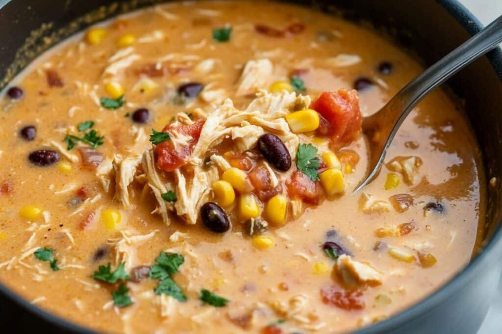 A bowl of creamy Easy Chicken Taco Soup containing shredded rotisserie chicken, corn, black beans, and diced tomatoes, garnished with cilantro. A spoon lifts some of the soup, showcasing the delightful texture and ingredients clearly in this simple recipe.