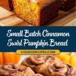 Close-up of sliced cinnamon swirl pumpkin spice bread on a wooden board, showcasing the marbled pattern and crumbly texture. Labeled Small Batch Cinnamon Swirl Pumpkin Bread Recipe with a website link. Surrounded by pumpkins.