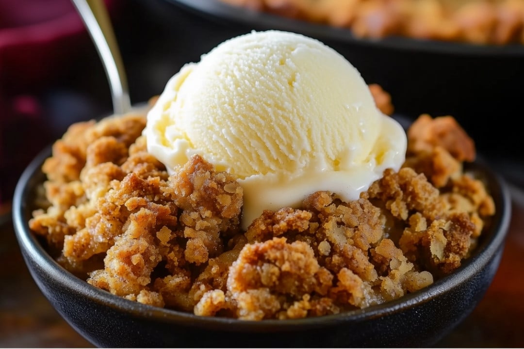 A bowl of warm apple crumble, reminiscent of an easy pumpkin pie crisp, is topped with a scoop of vanilla ice cream. The golden brown crumble pairs beautifully with the melting ice cream, adding a creamy contrast. A hint of cinnamon streusel elevates the flavors, with a spoon partially visible in the bowl.