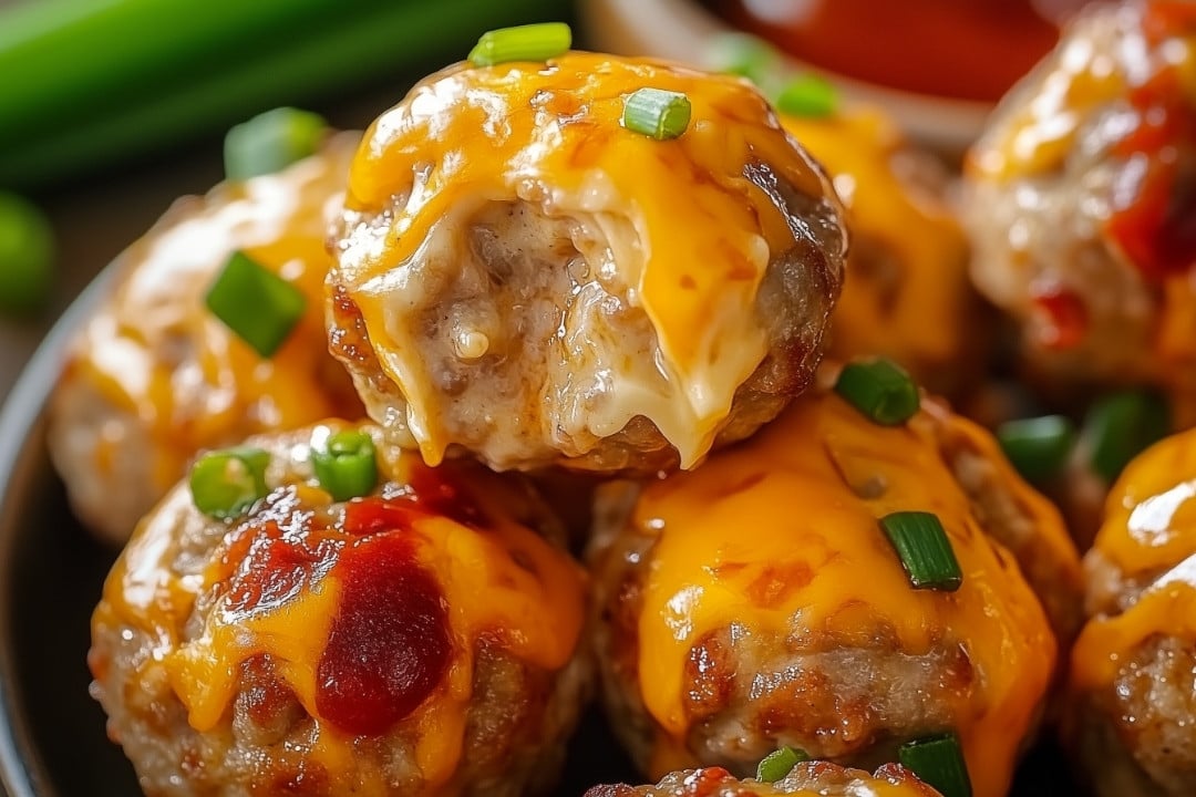 Close-up of a plate of easy party appetizer sausage balls with Rotel, topped with melted cheese and garnished with chopped green onions. A drizzle of barbecue sauce adds a touch of reddish color, enhancing their appetizing appearance.