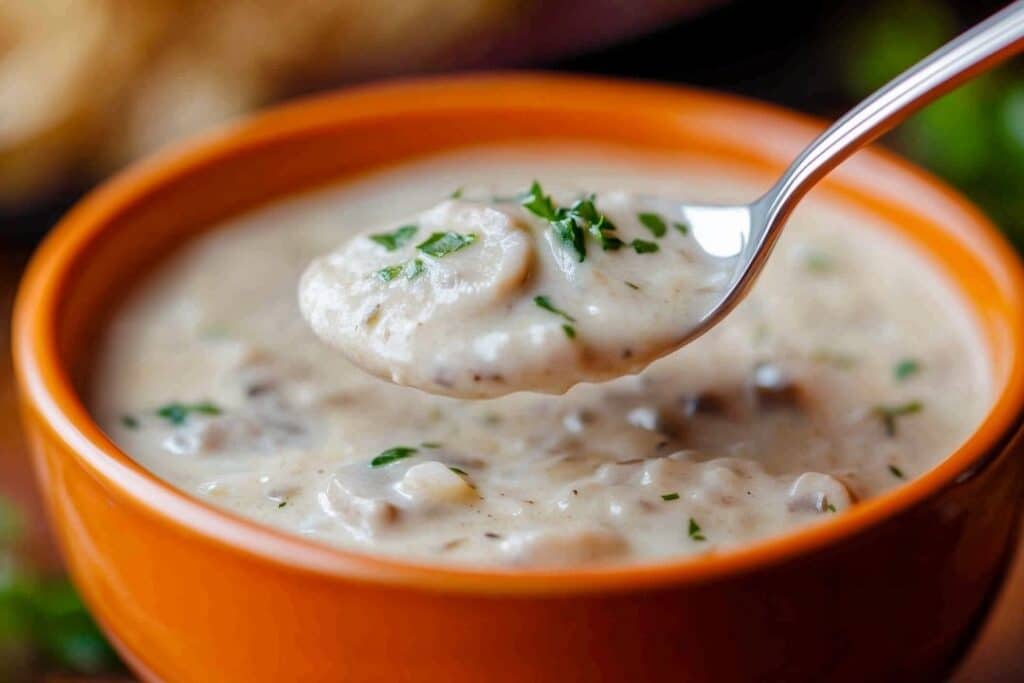 A close-up of a spoon lifting homemade creamy mushroom soup from an orange bowl. The soup, made with heavy cream, is garnished with chopped parsley, highlighting a rich and appetizing texture. A blurred background hints at bread and greenery.