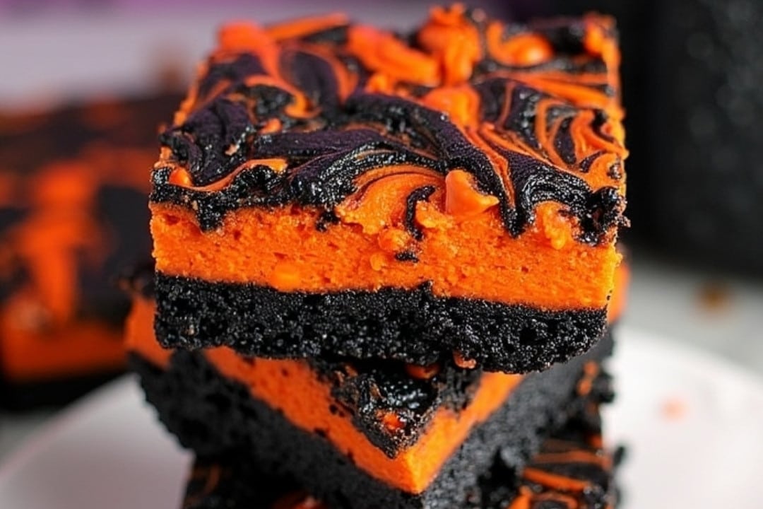 Two slices of Halloween swirl brownies, featuring an orange cheesecake layer with black swirl patterns, are artfully stacked on a plate. The dark brownie base perfectly complements the festive colors, making this a must-try Halloween swirl brownies recipe.