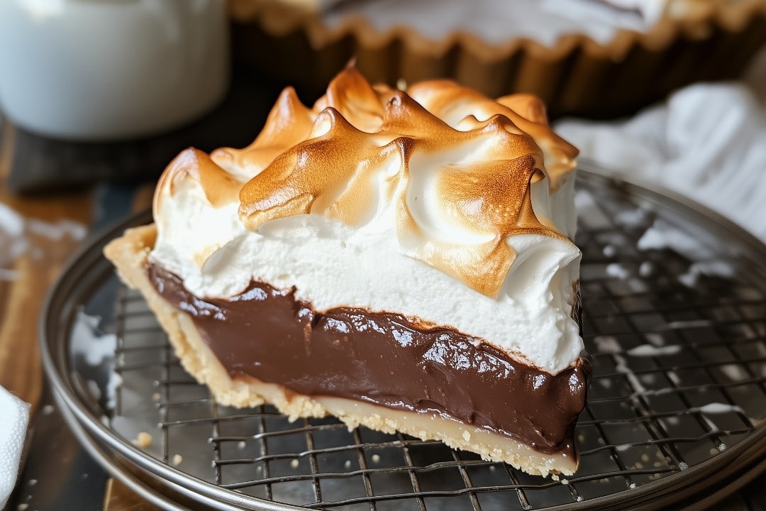 A classic chocolate meringue pie with a creamy dark chocolate filling and golden crust sits on a wire rack, topped with fluffy, browned meringue. This easy chocolate pie recipe offers a delicious dessert presentation.