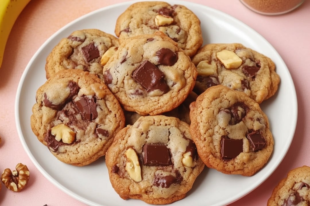 A plate of freshly baked banana cookies with walnuts sits on a light pink surface. The golden brown treats boast chunks of chocolate and pieces of walnuts, creating a delightful twist reminiscent of easy banana bread cookies.