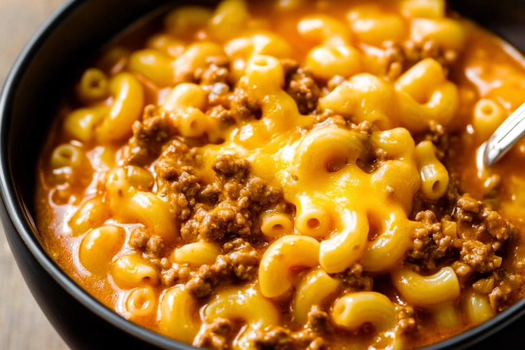 A comforting bowl of macaroni pasta with melted cheese and ground beef, served in a creamy sauce reminiscent of an easy cheeseburger soup.