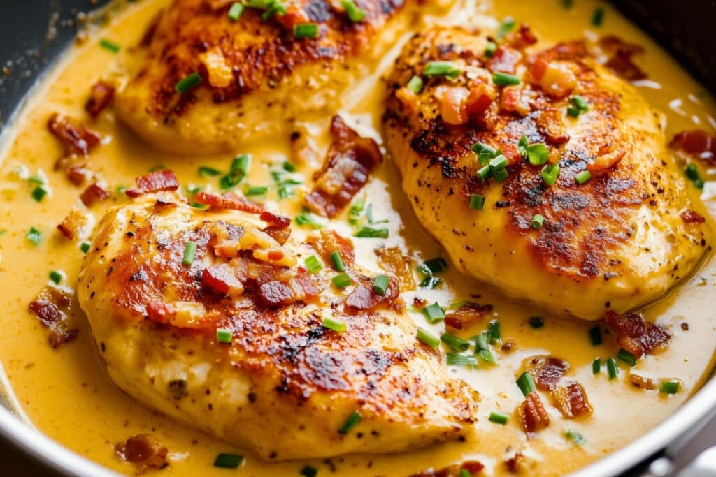 Close-up of a skillet with three browned chicken breasts in a creamy beer cheese sauce, garnished with crispy bacon bits and chopped chives. This delectable beer cheese chicken looks savory and well-seasoned, with a rich, golden sauce.