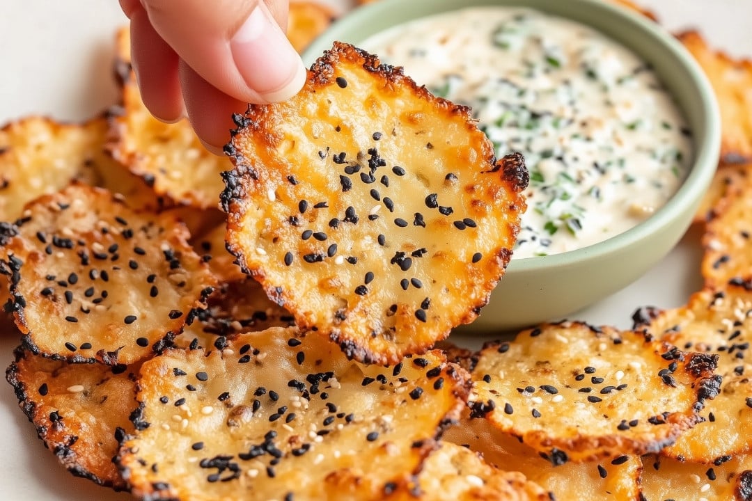 A hand holds a crispy cottage cheese chip covered with sesame seeds above a bowl of creamy dip garnished with herbs. More baked cottage cheese chips surround the bowl, creating a savory snack arrangement.