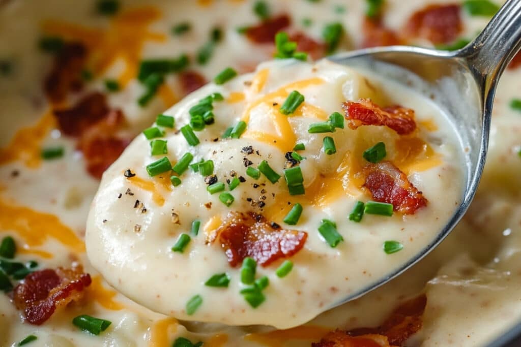 Close-up of a spoonful of creamy potato bacon soup topped with crispy bacon bits, shredded cheese, and chopped chives. The soup is light in color and appears rich and hearty, with visible seasoning and garnishes.