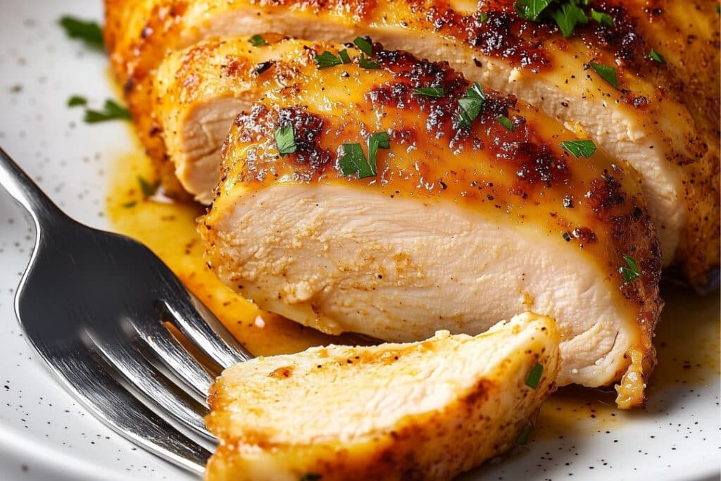 Close-up of a juicy, oven-baked chicken breast sliced and garnished with fresh herbs. A fork rests on the plate, accentuating the golden-brown texture of this easy baked chicken breast.