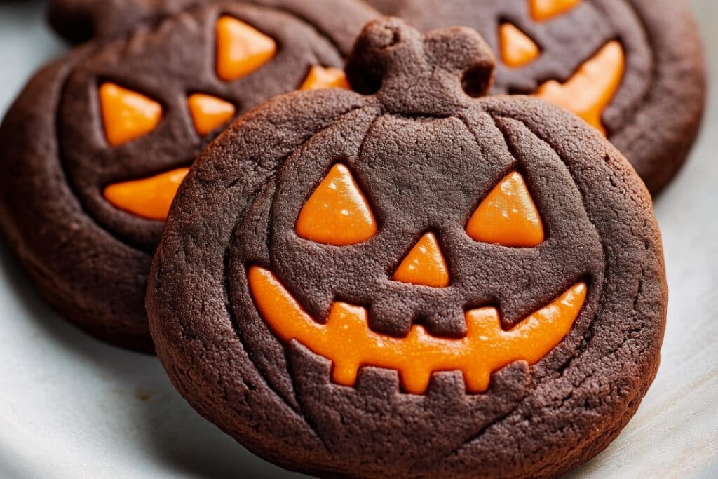 Chocolate cookies shaped like pumpkins with orange jack-o-lantern faces, featuring triangle eyes and a carved smile. These delightful pumpkin-shaped treats are closely arranged on a light surface, perfect for any festive occasion.