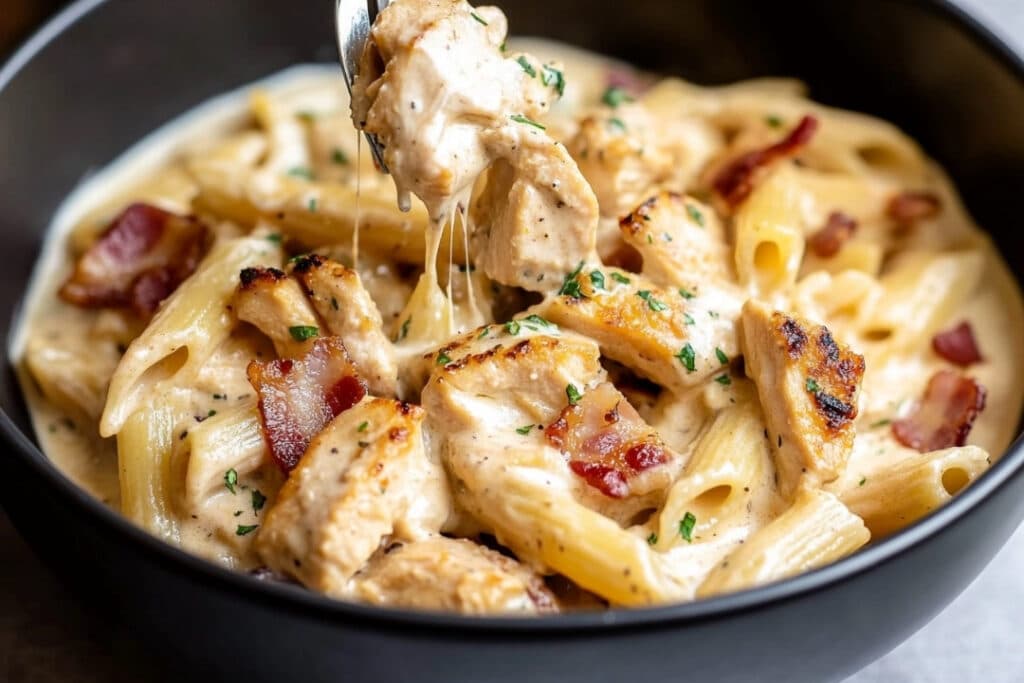 A bowl of creamy bacon chicken pasta featuring penne, grilled chicken, and bacon is garnished with herbs. A fork holds up a bite-sized portion, showcasing the rich Marry Me Chicken Pasta sauce and the dish's crispy texture.