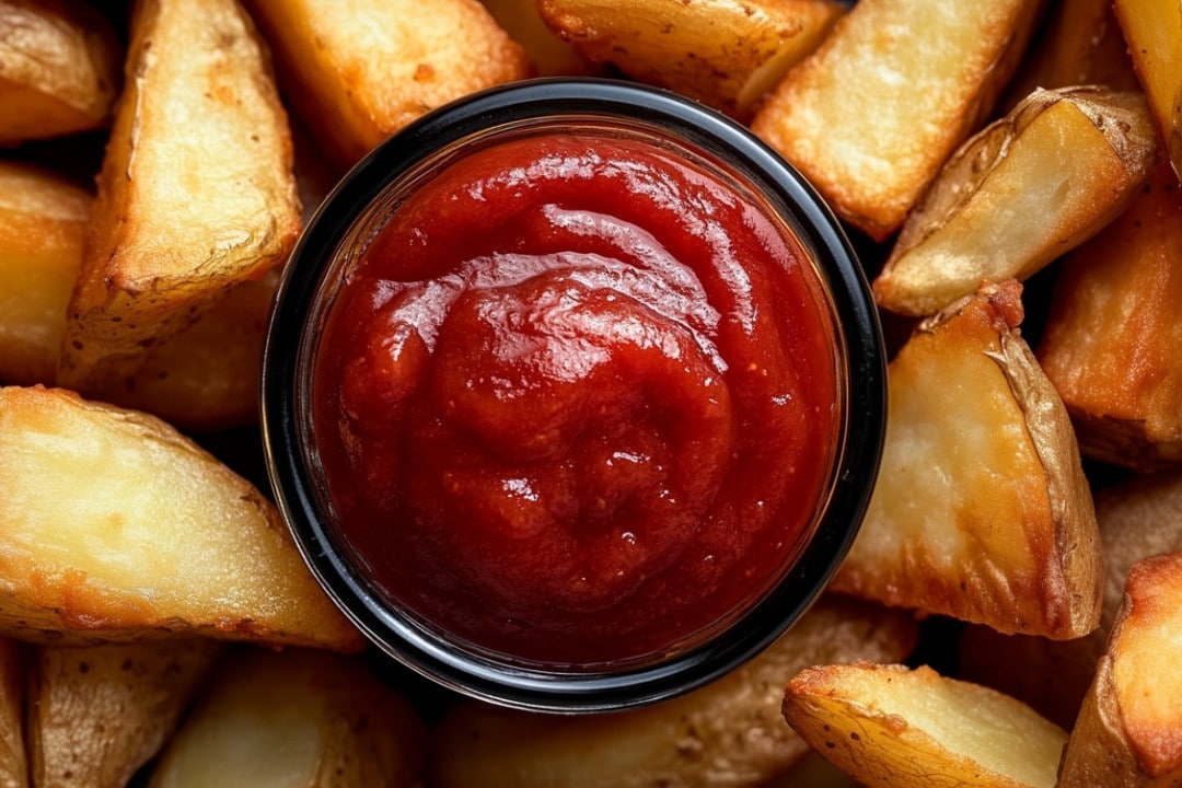 Close-up of a black bowl filled with homemade ketchup, surrounded by crispy potato wedges. The wedges are golden brown and appear freshly cooked, perfectly complementing the thick, red sauce in the center.