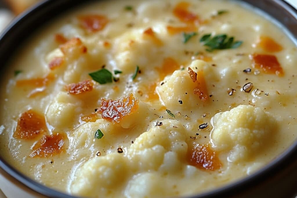 Creamy Cheddar Cauliflower & Roasted Garlic Soup Recipe