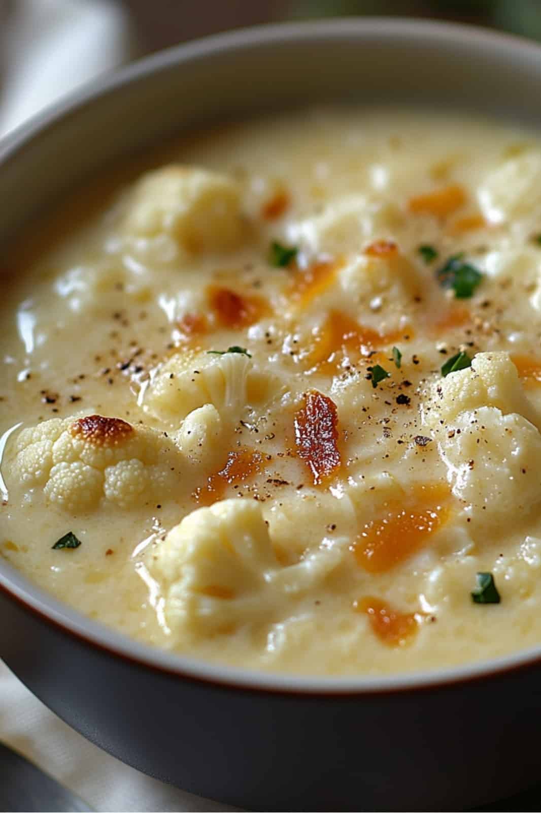 Creamy Cheddar Cauliflower & Roasted Garlic Soup Recipe