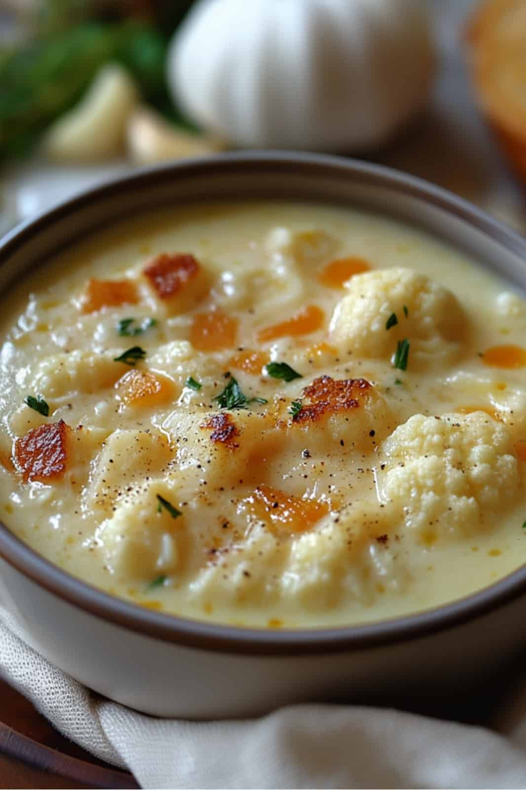 Creamy Cheddar Cauliflower & Roasted Garlic Soup Recipe