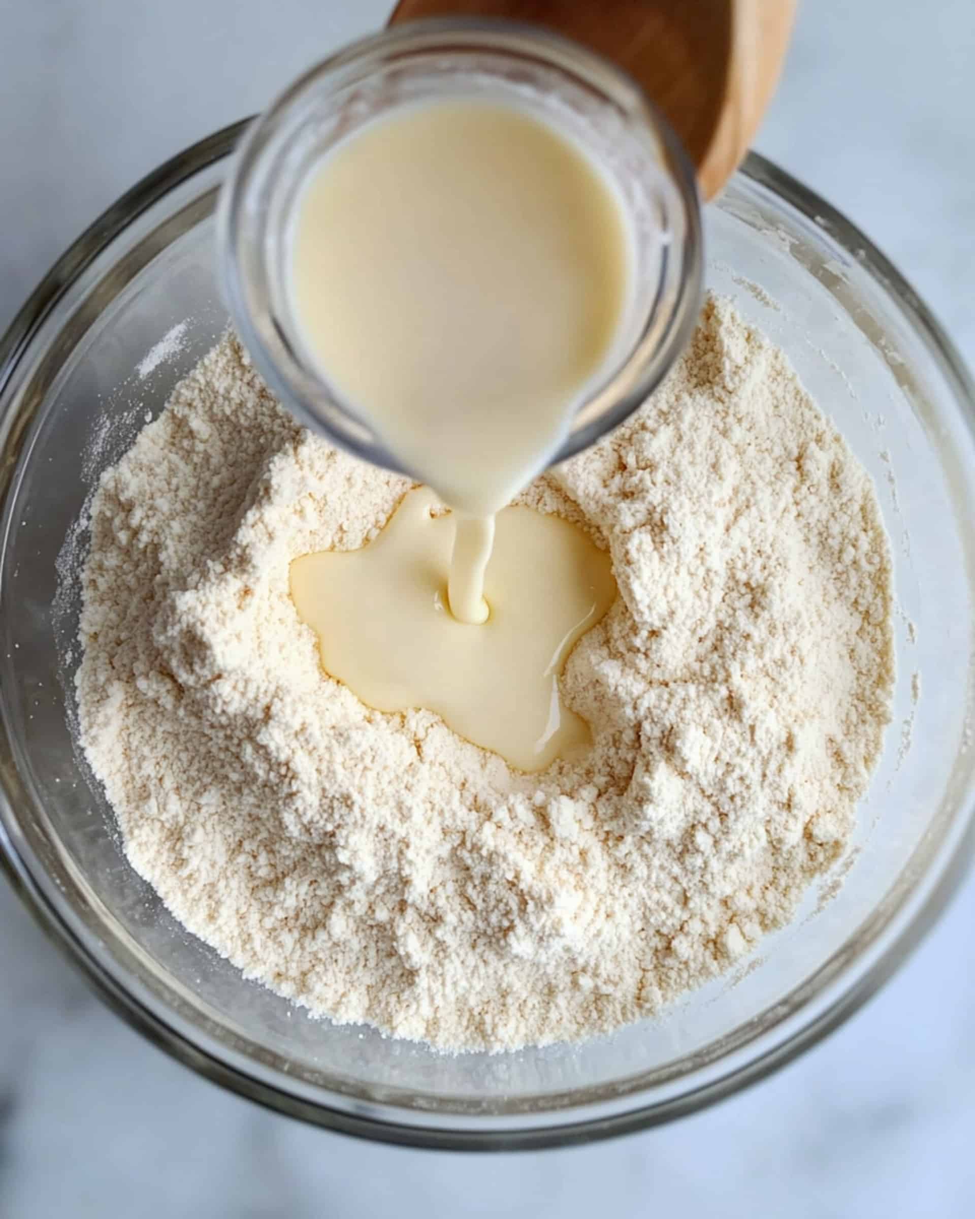 A top-down view of a clear glass bowl filled with flour. A clear cup is pouring a thin stream of buttermilk into a well in the center of the flour. The flour has a slightly coarse texture and a pale yellow color. A wooden spoon rests against the edge of the bowl.