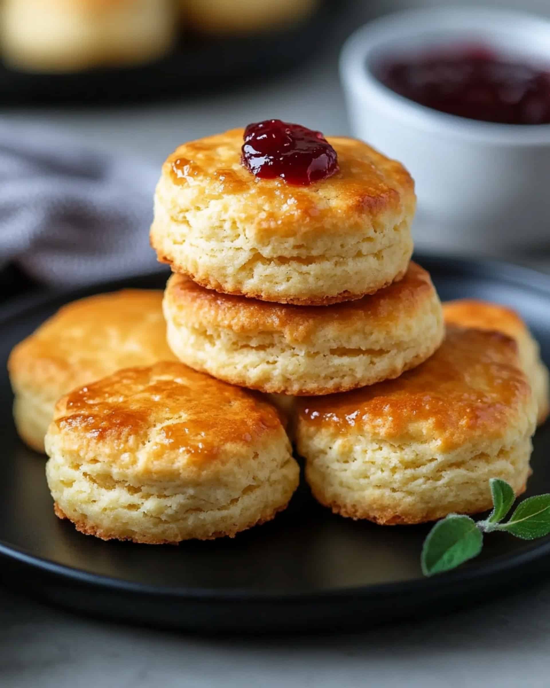 rounded golden-brown homemade biscuits served on a black plate, one of the biscuit on side close to the dish is served with jam on top.