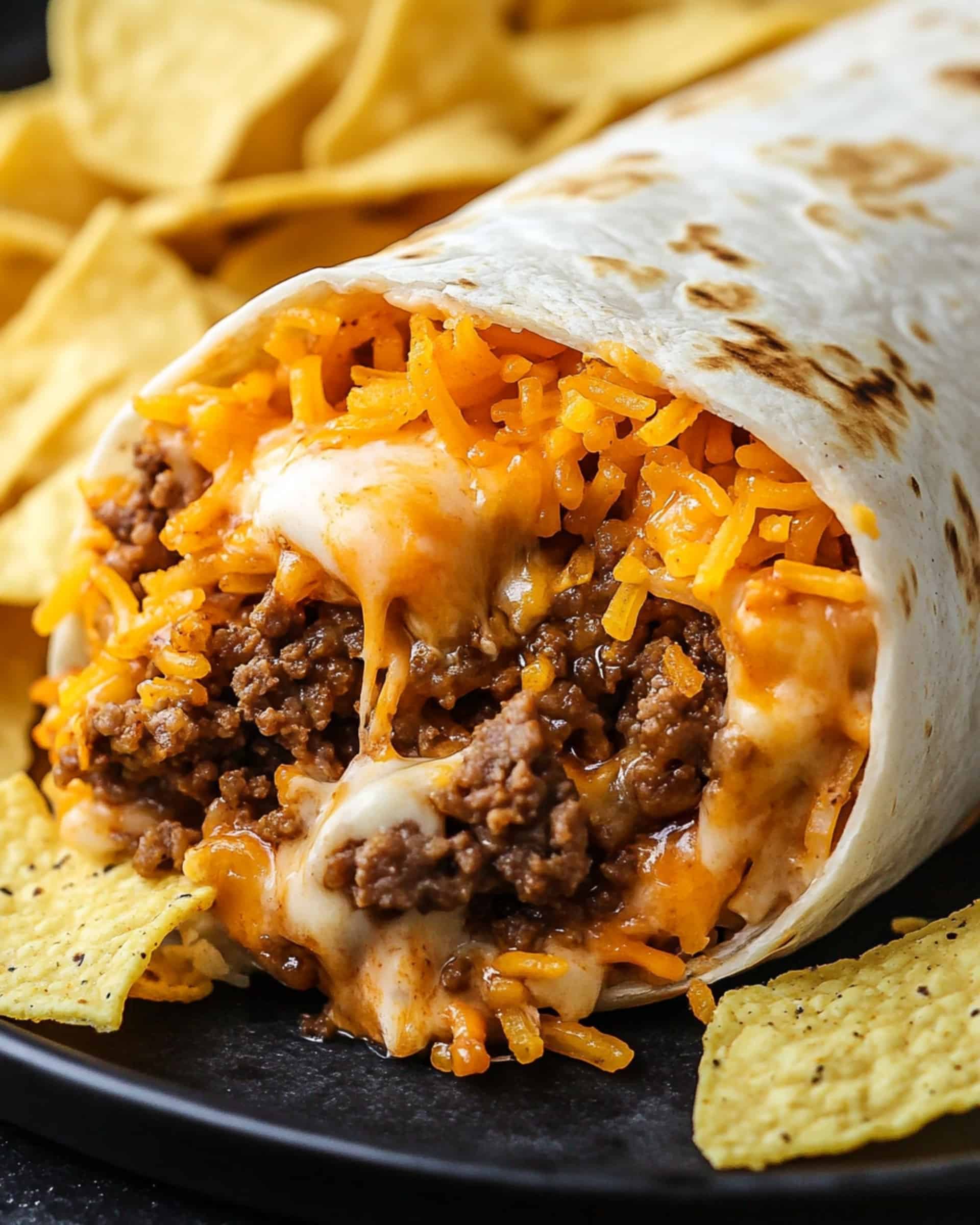 close-up shot of a single burrito positioned diagonally on a round, beige plate. The burrito is lying on its side, with a bite taken out of the front end, revealing the fillings inside: seasoned ground beef with a slightly crumbly texture and reddish-brown color, fluffy long-grain white rice, melted cheddar cheese with a slightly gooey texture and vibrant orange hue, crunchy, jagged tortilla chips in a vibrant, almost neon orange color, and a dollop of thick, white sour cream at the top. The tortilla wrap is a light golden brown color with a slightly textured surface. A single, bright orange tortilla chip rests on the plate below the burrito, slightly separated from it. The background is a blend of white and gray with a slightly blurred texture.