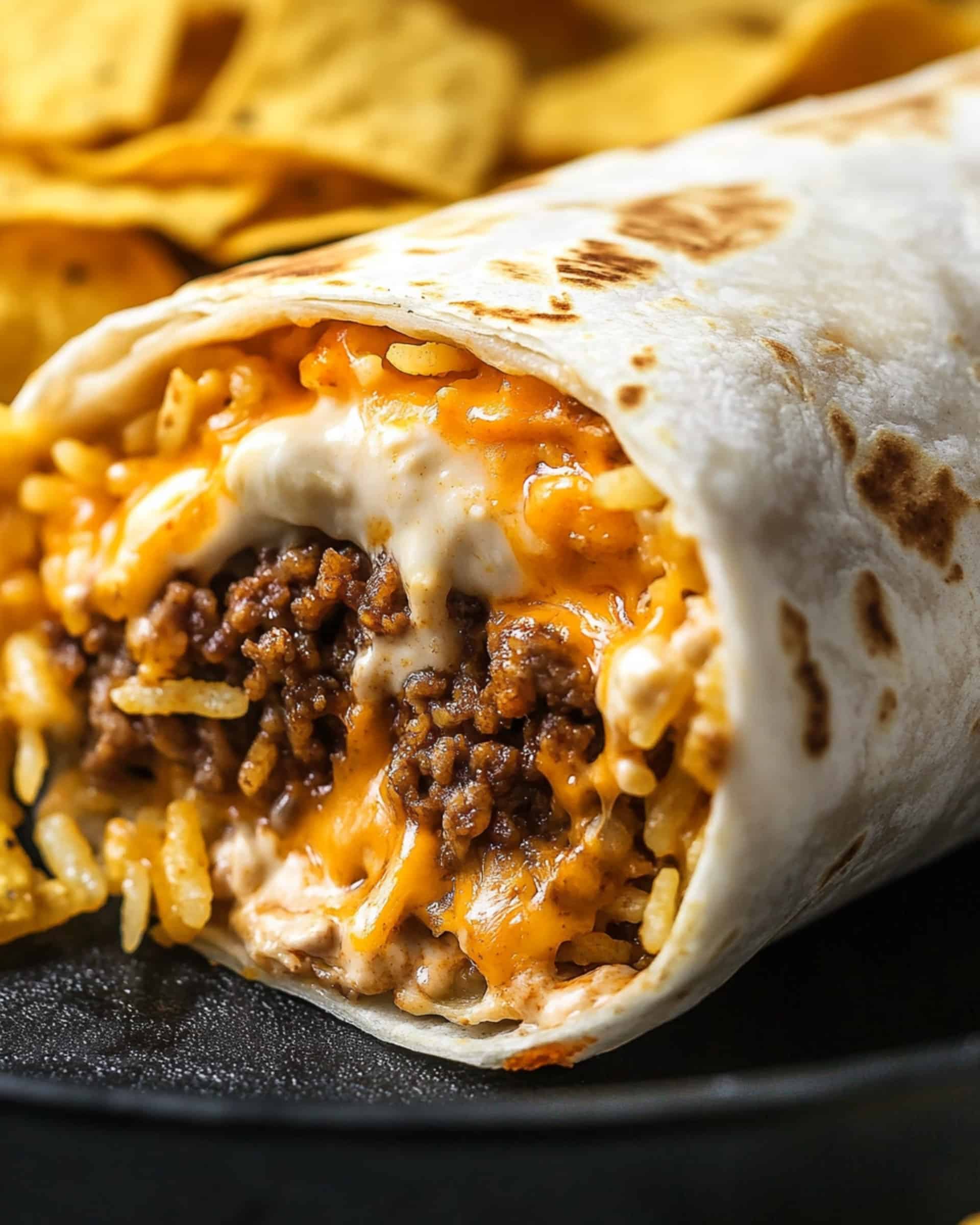 close-up shot of a single burrito positioned diagonally on a round, beige plate. The burrito is lying on its side, with a bite taken out of the front end, revealing the fillings inside: seasoned ground beef with a slightly crumbly texture and reddish-brown color, fluffy long-grain white rice, melted cheddar cheese with a slightly gooey texture and vibrant orange hue, crunchy, jagged tortilla chips in a vibrant, almost neon orange color, and a dollop of thick, white sour cream at the top. The tortilla wrap is a light golden brown color with a slightly textured surface. A single, bright orange tortilla chip rests on the plate below the burrito, slightly separated from it. The background is a blend of white and gray with a slightly blurred texture.