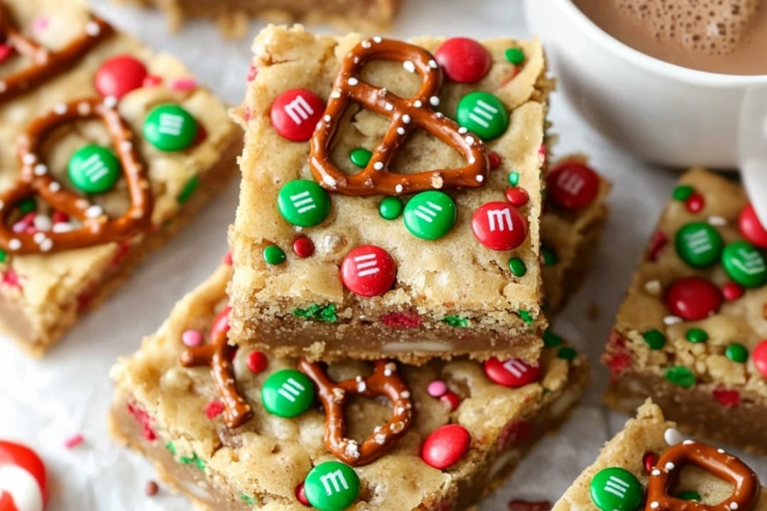 A stack of festive blondies, resembling easy Christmas cookie bars, is topped with pretzels and red and green M&Ms on parchment paper. A cup of hot chocolate sits in the background, enhancing the cozy holiday atmosphere.