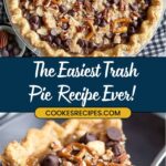 A pie topped with chocolate chips, pretzels, pecans, and crumbly bits. Below, a slice reveals a gooey filling loaded with the same toppings. Text between the images reads, The Easiest Chocolate Chip Pecan Pie Recipe Ever! cookesrecipes.com.