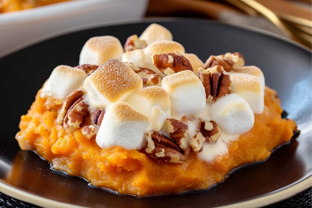 A black dish showcases a sweet potato casserole with marshmallows and pecans, beautifully topped with toasted marshmallows and pecan halves. This delightful creation blends creamy textures with satisfying crunchiness.