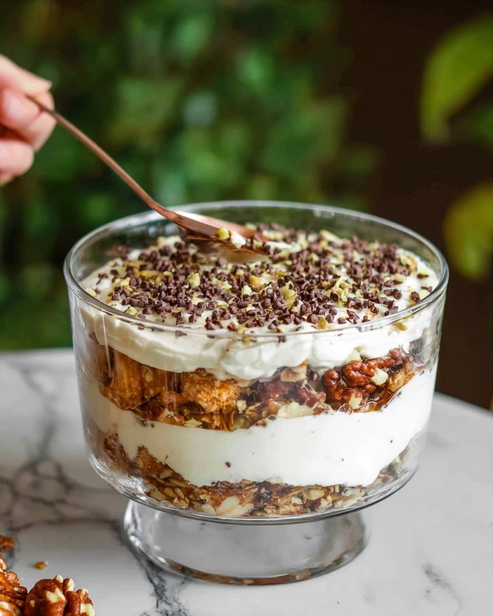 The dish is served in a clear glass bowl showing a creamy white layer topped with scattered dark chocolate chips and small pieces of light brown chopped nuts evenly spread across the surface. The bowl is placed on a green grass background, and a white bowl with three gold forks is partially visible at the bottom left corner. The photo was taken from above, focusing on the texture of the toppings and creamy layer beneath. photo taken with an iphone --ar 4:5 --v 7