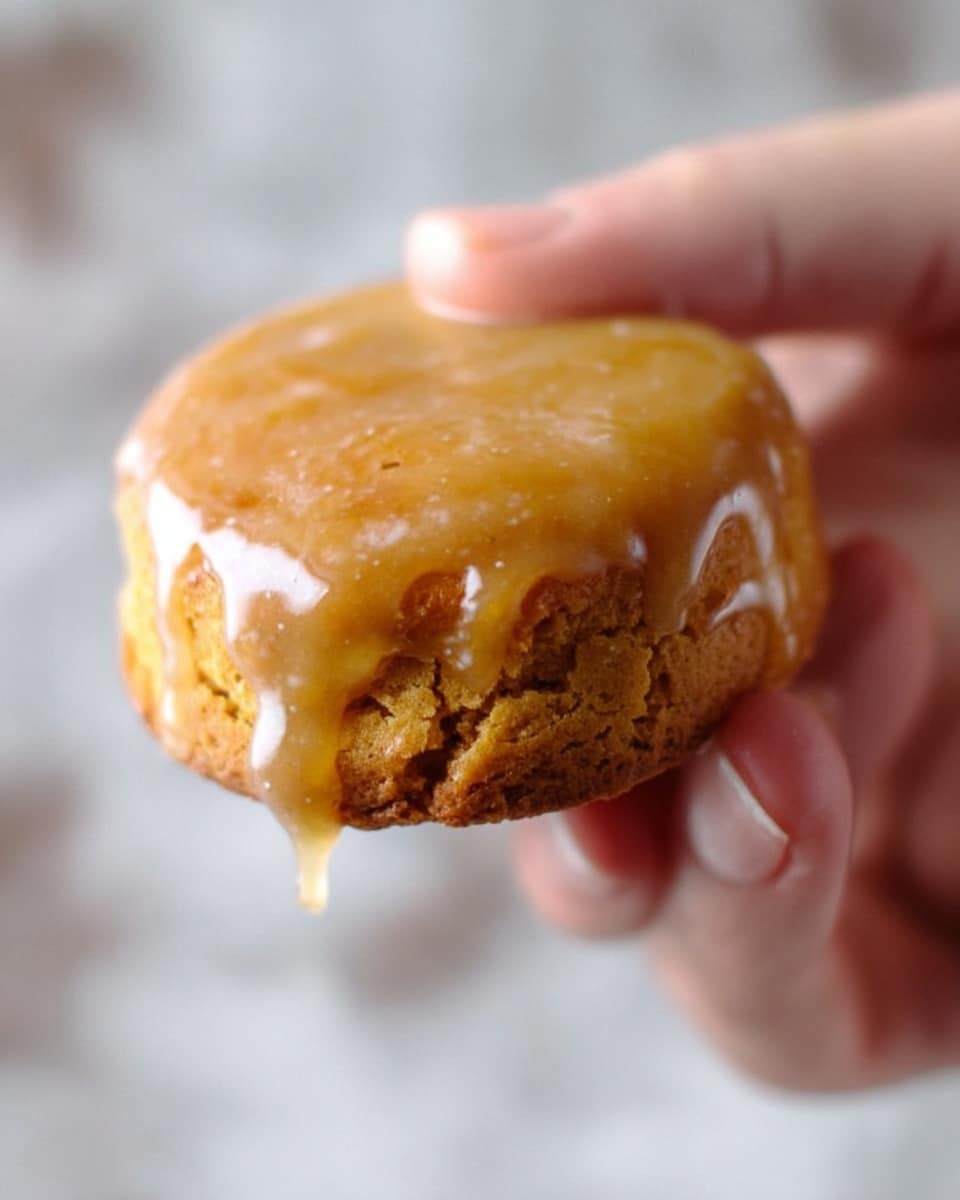 A close-up image of a woman's hand holding a single round glazed biscuit. The biscuit has a golden brown color with a shiny, slightly translucent glaze dripping down the sides, with a visible drip falling from the bottom. The biscuit shows a textured, soft interior with tiny cracks where the glaze settles. The background is softly blurred with a white marbled texture. photo taken with an iphone --ar 4:5 --v 7