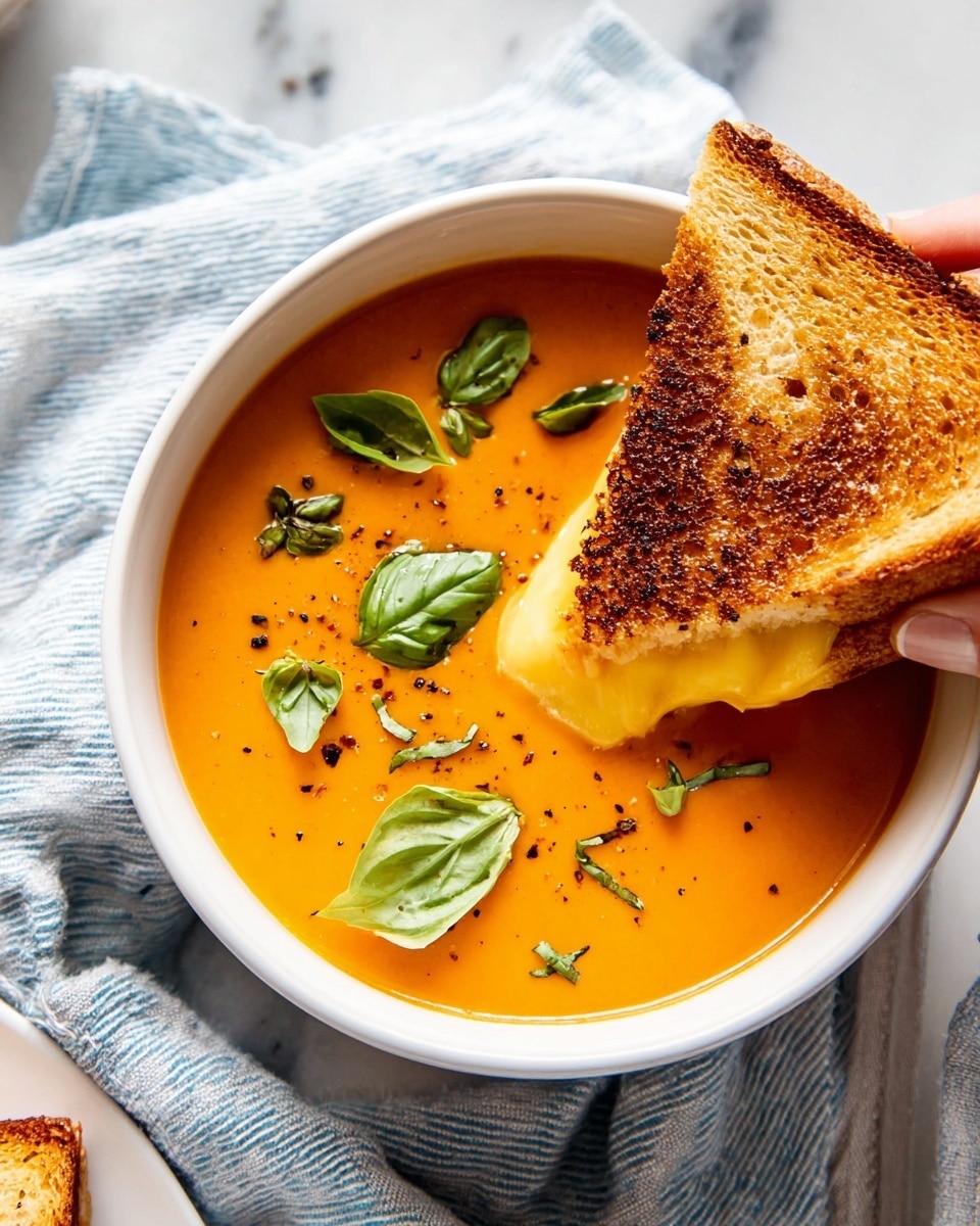 A white, round bowl filled with smooth, orange soup, topped with scattered fresh green basil leaves and small black pepper flakes. A toasted sandwich with a golden-brown crispy texture and melty yellow cheese inside is dipped into the soup, held by a woman's hand. The bowl sits on a light blue and white striped cloth, placed on a white marbled surface. photo taken with an iphone --ar 4:5 --v 7