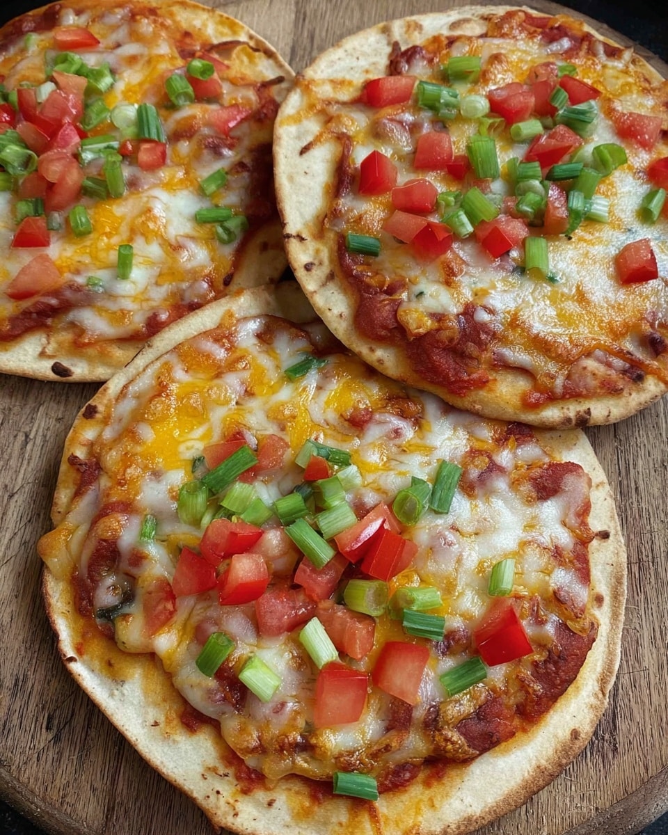 The image shows three small pizzas placed on a wooden board, each having mostly two to three layers. The base is a light golden-brown pizza crust, slightly thick and soft textured with slight browning on the edges. On top is a bright red tomato sauce layer, smooth and evenly spread, followed by a melted layer of mixed white and yellow cheese covering the surface, bubbling slightly with a creamy texture. The final topping layer consists of small diced bright red tomatoes and chopped green onions scattered generously over each pizza, adding fresh pops of color. The pizzas have a casual, homemade look with slightly uneven shapes and toppings placement. photo taken with an iphone --ar 4:5 --v 7