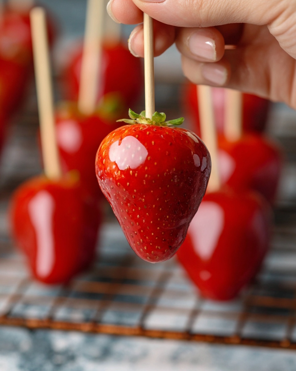 Candied Fruit Skewers Recipe 6 A close-up view of a bright red strawberry coated with a clear, shiny candy glaze, creating a smooth and glossy layer around its textured surface with visible seeds; the strawberry is held upright by a thin wooden stick gripped by a woman's hand. In the blurred background, more similarly coated strawberries on sticks lie on a dark cooling rack, contrasting with the sharp focus on the front strawberry. The setting features a white marbled texture underneath the rack. photo taken with an iphone --ar 4:5 --v 7