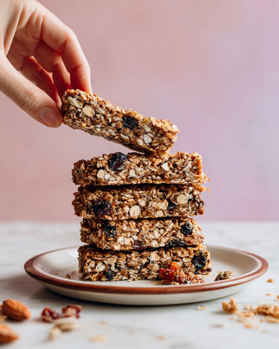 Cherry Almond Granola Bars Recipe 5 The image shows a stack of five thick granola bars on a white plate with a thin brown rim, placed on a white marbled surface. The granola bars have a rough texture with visible pieces of oats, nuts, and dark dried fruit evenly mixed throughout. A woman's hand is lifting the top bar from the stack, highlighting the dense and chunky ingredients. Small crumbs and bits from the bars are scattered around the plate, and the background is a smooth soft pink. photo taken with an iphone --ar 4:5 --v 7